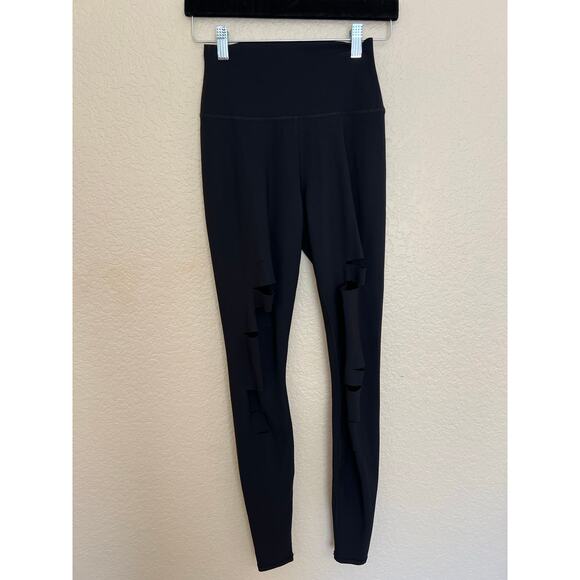 Alo Yoga Ripped Warrior Leggings, Black, Airbrush Knit, High Waist Laser-Cut Fit - Picture 5 of 14